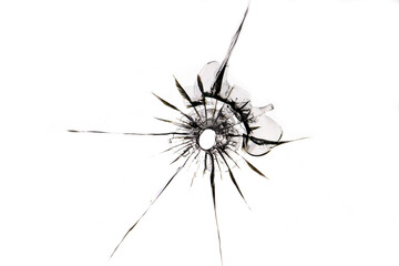 Texture of cracks on the glass from a shot in the window isolated on white background.