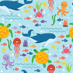 Fototapeta na wymiar Animals under water, marine life seamless pattern. Cute sea creatures. Octopus, fish, starfish, jellyfish, whale, crab. Children's wallpaper. Vector illustration.