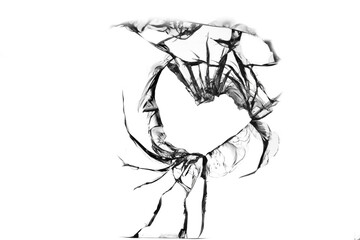 Cracked hole on broken glass, texture on white background.