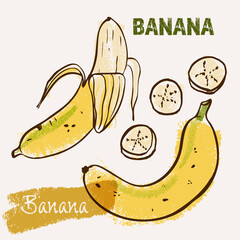 Banana line art and color hand-drawn vector illustration. Rough crayon strokes doodle in an expressive loose coloring book style