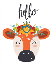 Cute calf with flower wreath in scandinavian style