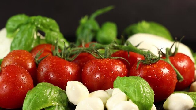 Cherry tomatoes and basil leaves with water drops
