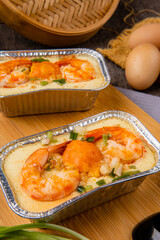 delicious steam egg with salted egg and shrimp.  Steam egg made by Eggs are beaten to a consistency similar to that used for an omelette and then steamed.