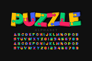 Puzzle game style 3d font, jigsaw puzzle alphabet letters and numbers, vector illustration