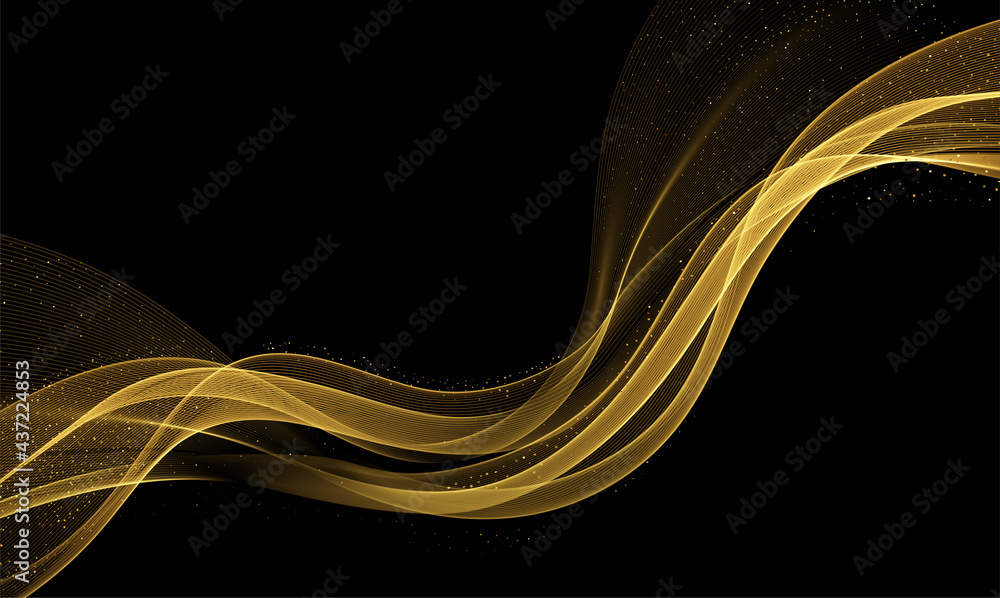 Poster Abstract Gold Waves. Shiny golden moving lines design element with glitter effect on dark background for greeting card and disqount voucher.