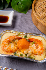 delicious steam egg with salted egg and shrimp.  Steam egg made by Eggs are beaten to a consistency similar to that used for an omelette and then steamed.