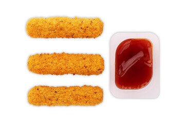 Dipping tasty fries into sauce in bowl, closeup
