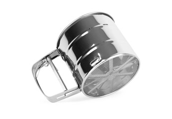 Old worn enameled mug isolated on white background