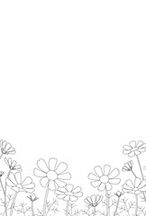 コスモスがたくさん咲いている風景の線画ベクターイラスト　縦型
