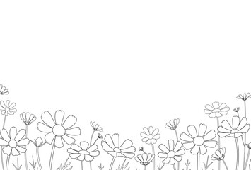 コスモスがたくさん咲いている風景の線画ベクターイラスト　横型