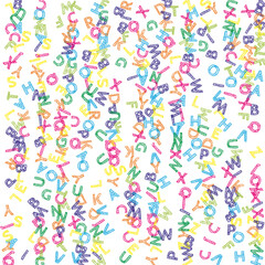 Falling letters of English language. Colorful sketch flying words of Latin alphabet. Foreign languages study concept. Mesmeric back to school banner on white background.
