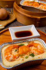 delicious steam egg with salted egg and shrimp.  Steam egg made by Eggs are beaten to a consistency similar to that used for an omelette and then steamed.