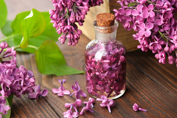 Lilac essential oil or infusion bottle. Blossom lilac drink or extract. Syringa flowers on background.