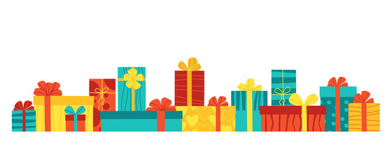 Horizontal composition of multi-colored gift boxes with bows. Presents  for birthday, christmas, sale, giveaway. Isolated on white vector illustration.