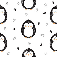 Seamless pattern with cute penguins in scandinavian style - 437226602