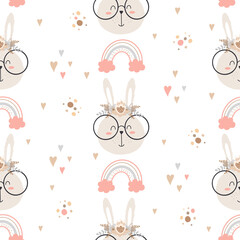 Seamless pattern with cute rabbits with a wreath in the Scandinavian style - 437226673