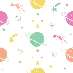 Seamless pattern with planets and stars in bright colors in the Scandinavian style