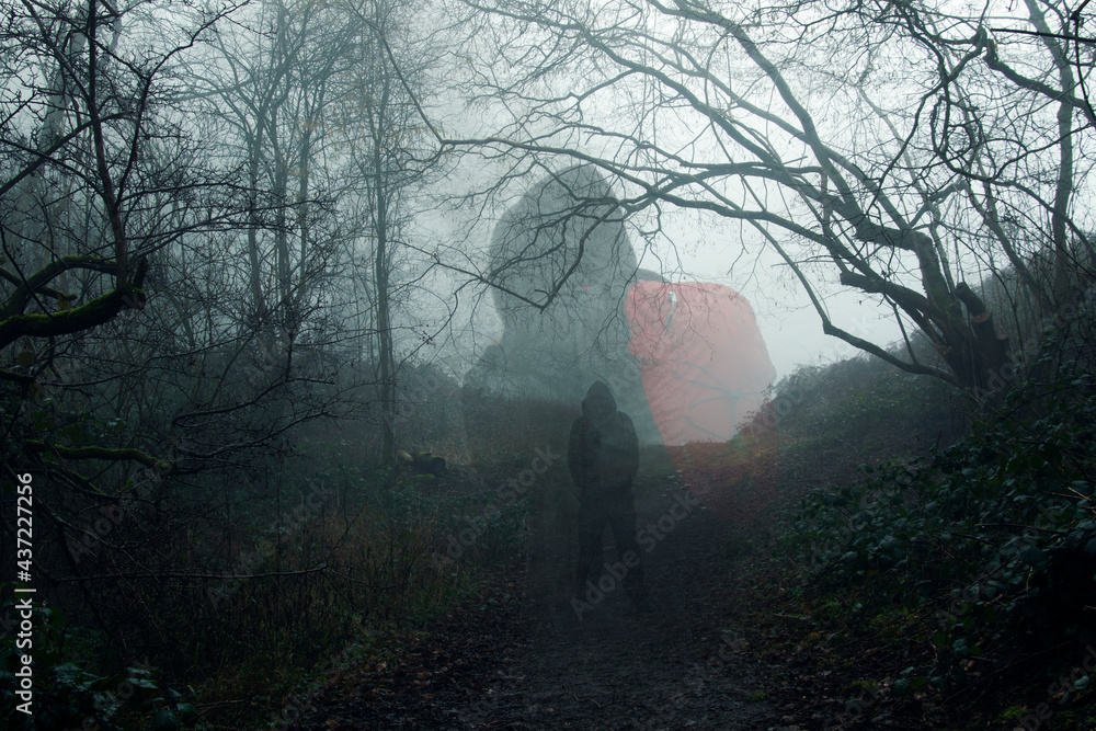 Poster a double exposure of a scary half transparent hooded figure standing on a path in a dark moody fores