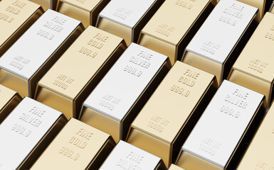 Gold and silver bars in bank vault background