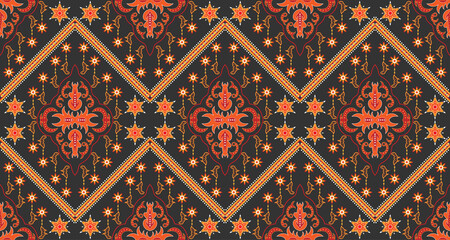 Seamless red-orange fabric pattern adorned with traditional Central Asian motifs.EP.7.