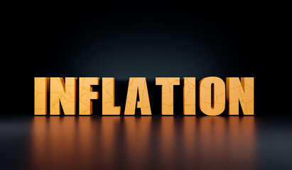 The word Inflation three dimensional and yellow. Surface in concrete and cracked, in yellow, ref&ouml;ection on the floor. The background in black. 3D illustration.