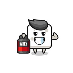 the muscular sugar cube character is holding a protein supplement