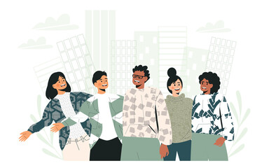 Fototapeta premium Happy friendship day web banner. Young people walking in green eco city, ecological urban landscape. Unity in diversity. Diverse group of friends hugging together. Flat vector cartoon illustration