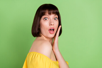 Photo of shocked amazed young woman hold hands cheeks news information isolated on green color background