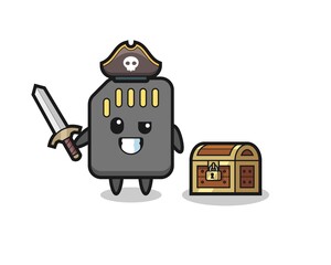 the sd card pirate character holding sword beside a treasure box