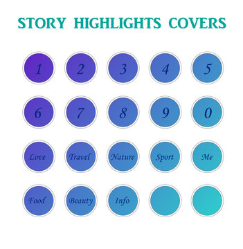 Instagram Story Highlights Cover Icon set, gradient background numbers and words