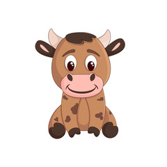 Cute brown smiling bull on a white background. The bull is sitting. Isolated. Cartoon style. Vector illustration