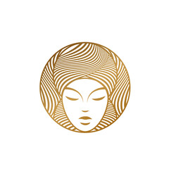Hair salon and beauty studio illustration.Elegant makeup woman.Fashion, hairstyle, cosmetics and spa icon.Young lady portrait.Beautiful model face.Luxury,glamour style.Gold color circle emblem.