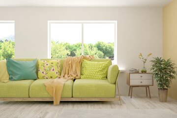 White living room with sofa and summer landscape in window. Scandinavian interior design. 3D illustration
