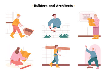 A team of technical workers and engineers. The builder paints the wall with a brush. The builder is laying bricks. A group of engineers, builders, and architects design and builds a new house.