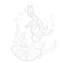 Contour linear illustration for coloring book. Beautiful fish, anti stress picture. Line art design for adult or kids  in zentangle style and coloring page.