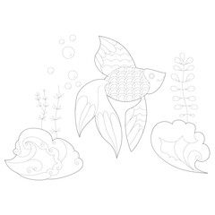 Contour linear illustration for coloring book. Beautiful fish, anti stress picture. Line art design for adult or kids  in zentangle style and coloring page.