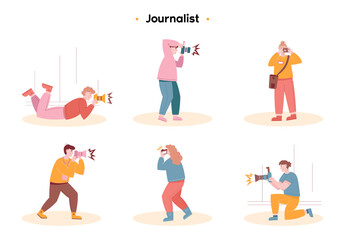 Set of various photographers holding a camera and taking pictures. Boys and girls reporters take a photo shot. Shooting in various positions. Photographers use a professional camera to take photos.