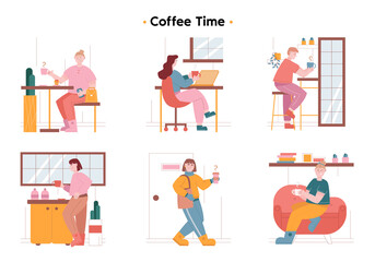 People drink coffee in different places. A girl with a bundle on her head sits on an armchair and drinks coffee. Man ordering coffee at a bar. Businesswoman resting and drinking coffee at lunch.