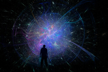 A science fiction concept of a man, back to camera, looking at fluctuating energy portal. With stars and galaxies flying out © Dave