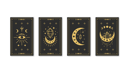 Black magic occult tarot cards with boho symbols.