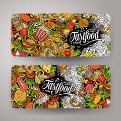 Fast food hand drawn doodle banners set. Cartoon detailed flyers.