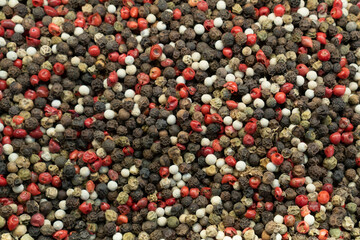 Mixed peppercorns background. Different colored peppercorns, close up. Top view blur textures soft focus