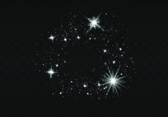 Vector sparkles and stars on transparent background. Sparks glitter special light effect. Spark glitter with glow light effect.Sun flash with rays and spotlight.