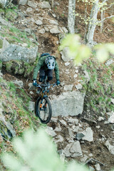 Ein Mann auf einem Mountainbike fährt einen steinigen Trail im Schwarzwald - obrazy, fototapety, plakaty