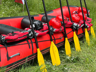 White water rafting equipment. Summer holidays concept. Visit Albania. - obrazy, fototapety, plakaty