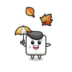 cartoon of the cute sugar cube holding an umbrella in autumn
