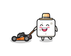 illustration of the sugar cube character using lawn mower