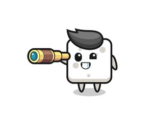 cute sugar cube character is holding an old telescope