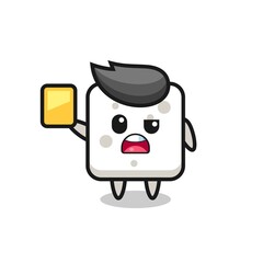 Naklejka premium cartoon sugar cube character as a football referee giving a yellow card