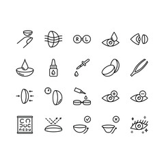 Contact lens flat line icons set. Ophthalmology, lens care, eye anatomy, contact lenses, medical tools. Simple flat vector illustration for store, web site or mobile app